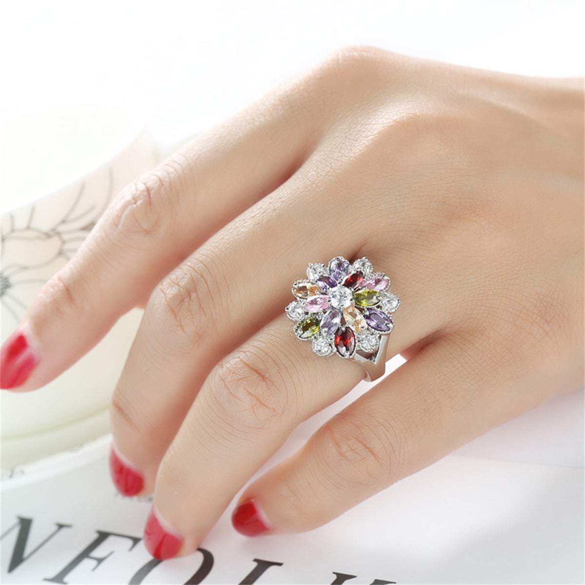 Red Crystal & Cubic Zirconia Floral Pear-Cut Ring