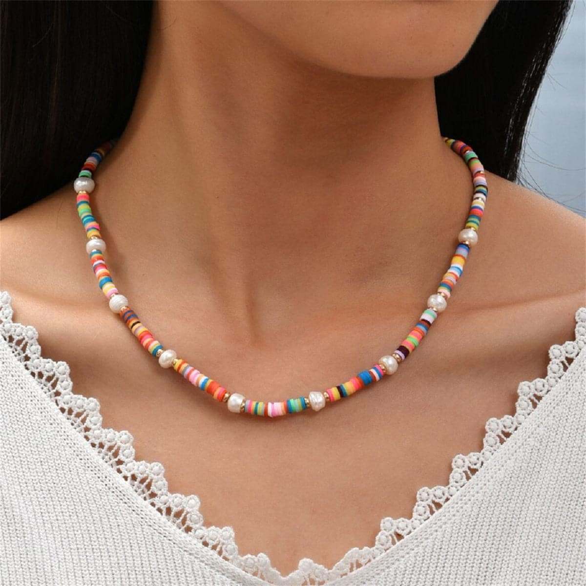 Pearl & Multicolor Polymer Clay Goldtone Bead Necklace