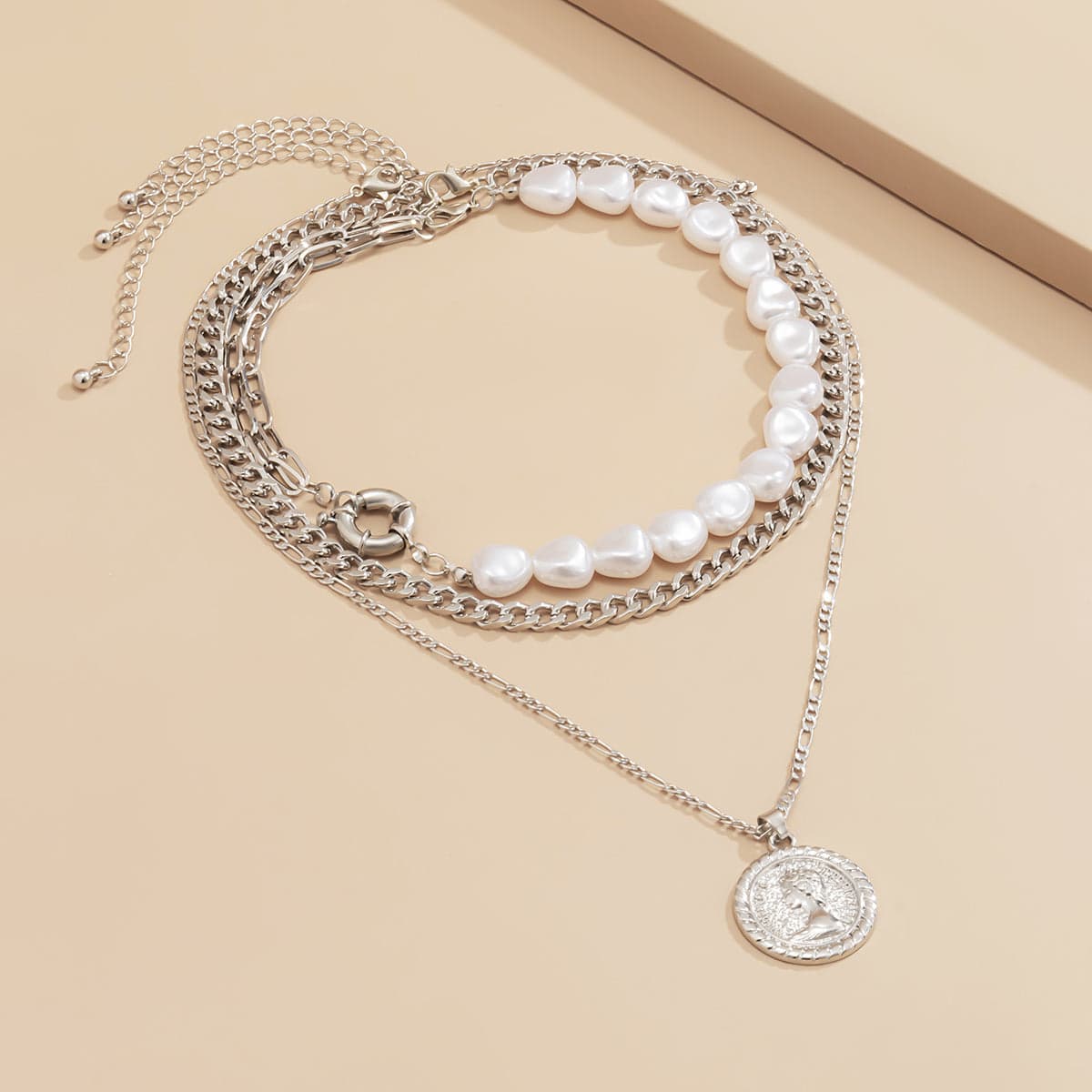 Pearl & Silvertone Coin Pendant Necklace Set