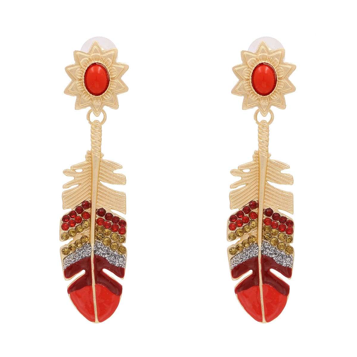 Cubic Zirconia & Red Enamel Leaf Drop Earrings