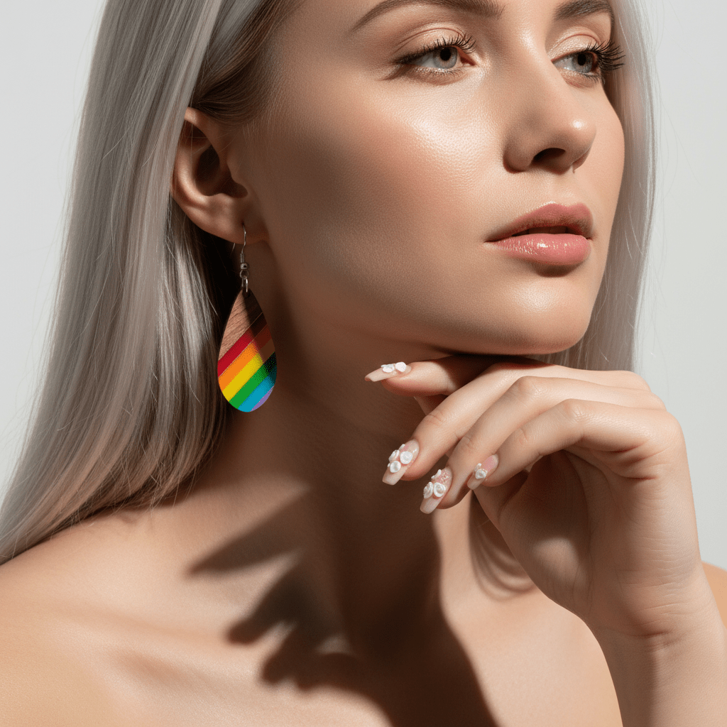 Multi-Colored Resin & Wood Silvertone Stripped Drop Hook Earrings