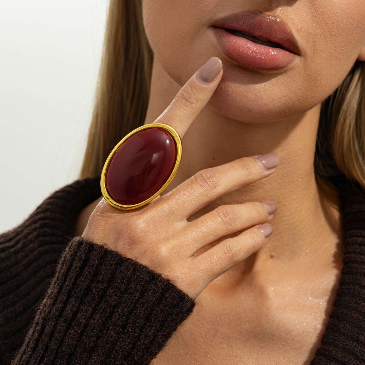 Red Resin & Goldtone Oval Statement Open Ring