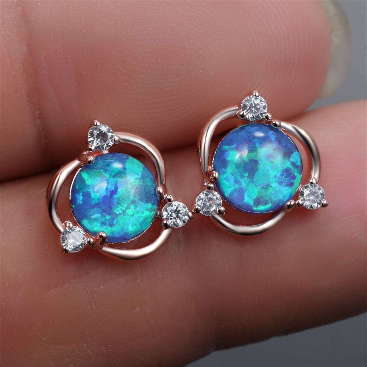 Blue Opal & Cubic Zirconia Rose Goldtone Round Stud Earrings
