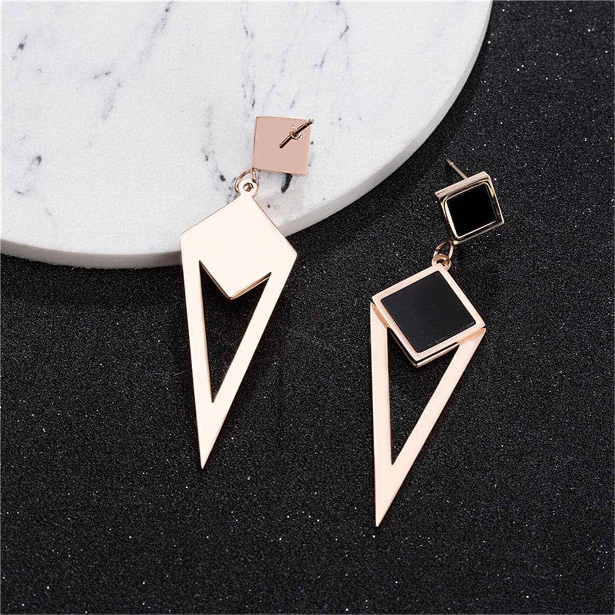 Black & Rose Goldtone Geometric Openwork Drop Earrings
