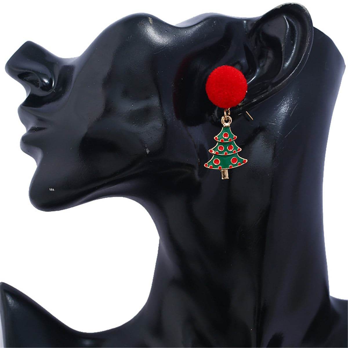 Red Pom-Pom & Goldtone Christmas Tree Drop Earrings