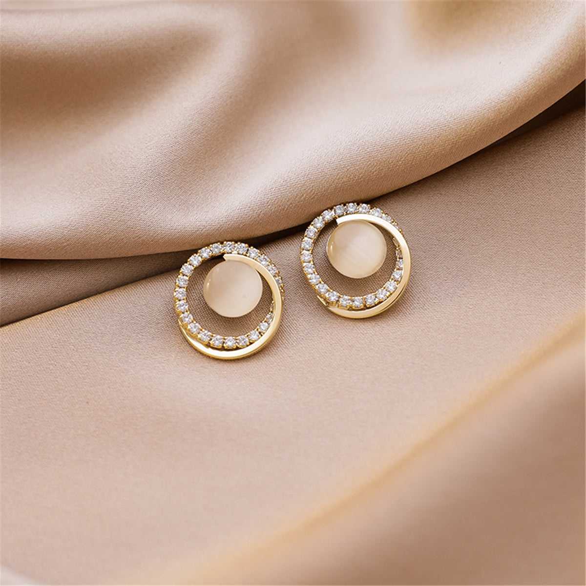 Cats Eye & Clear Cubic Zirconia Goldtone Round Stud Earrings