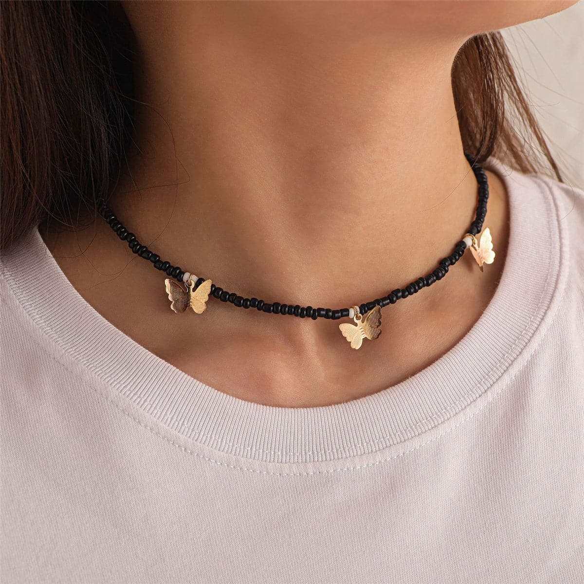 Black Howlite & Goldtone Butterfly Station Choker Necklace