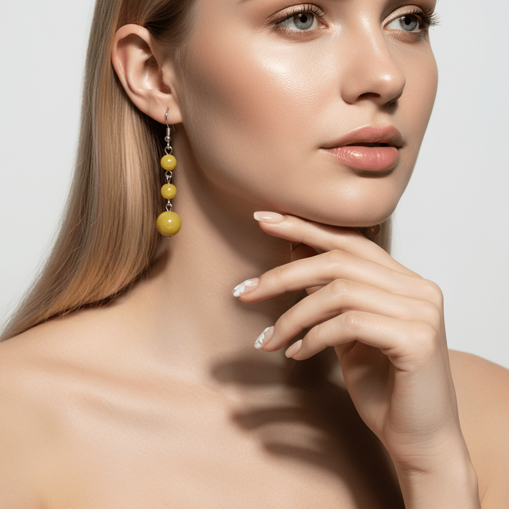 Yellow Jade & Silvertone Tiered Ball Hook Earrings