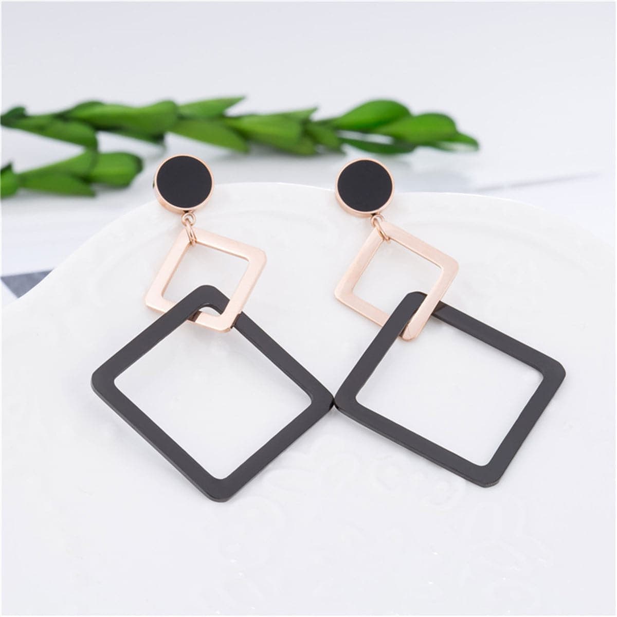 Rose Goldtone & Black Double Open Rhombus Drop Earrings