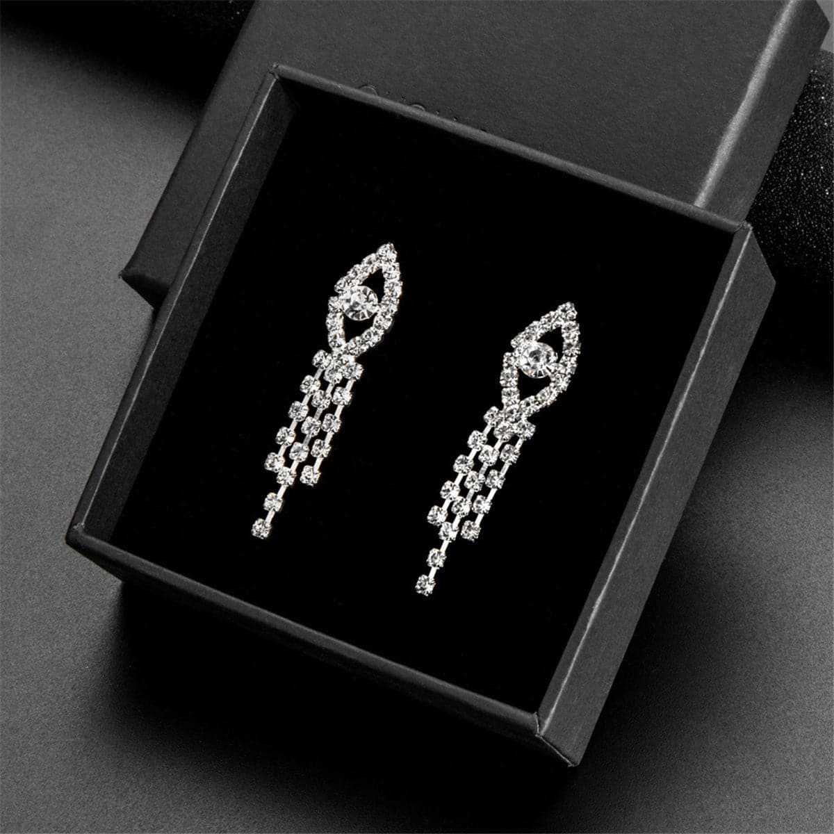Cubic Zirconia & Silvertone Eye Drop Earrings & Bib Necklace