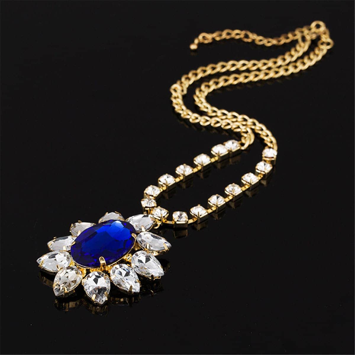 Blue Crystal & Cubic Zirconia Goldtone Oval Flower Pendant Necklace