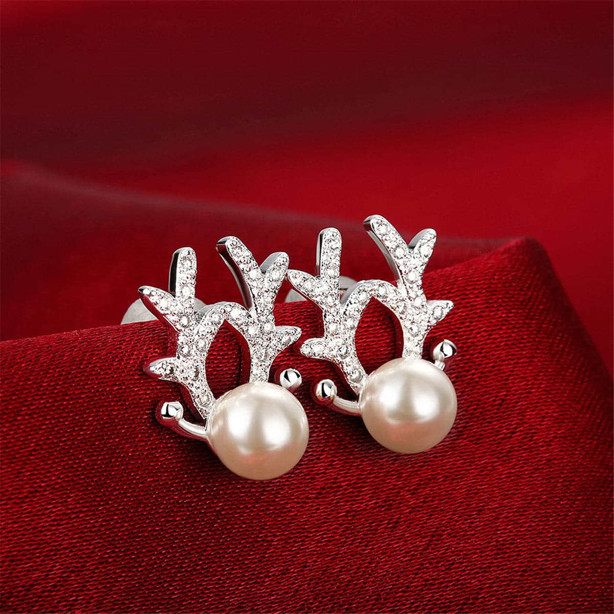 Pearl & Cubic Zirconia Silvertone Antler Stud Earrings