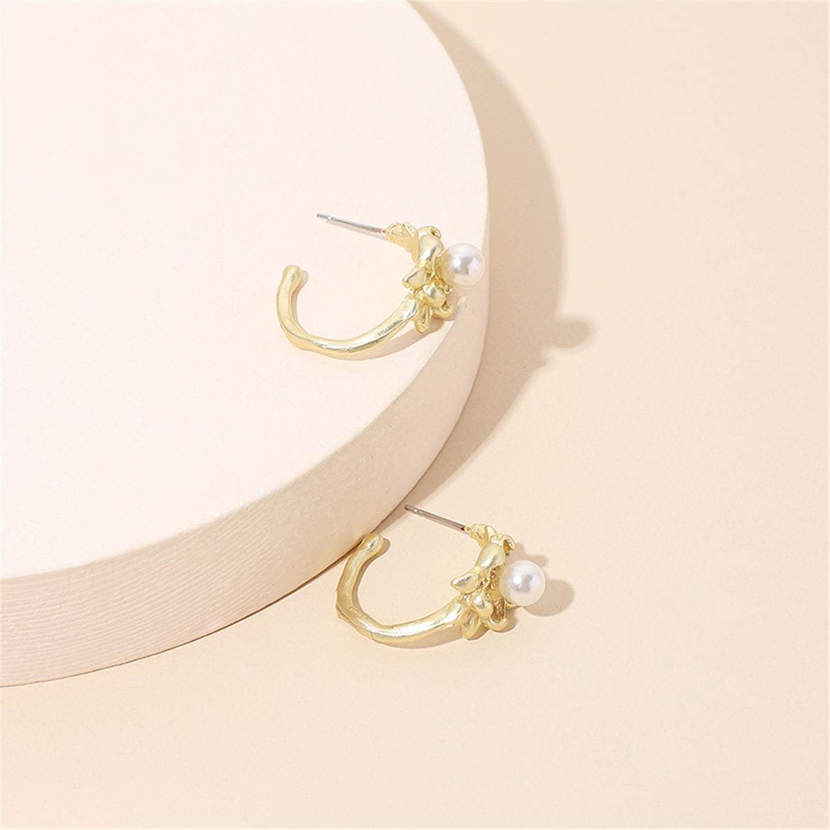 Pearl & Goldtone Botany Open Huggie Earrings