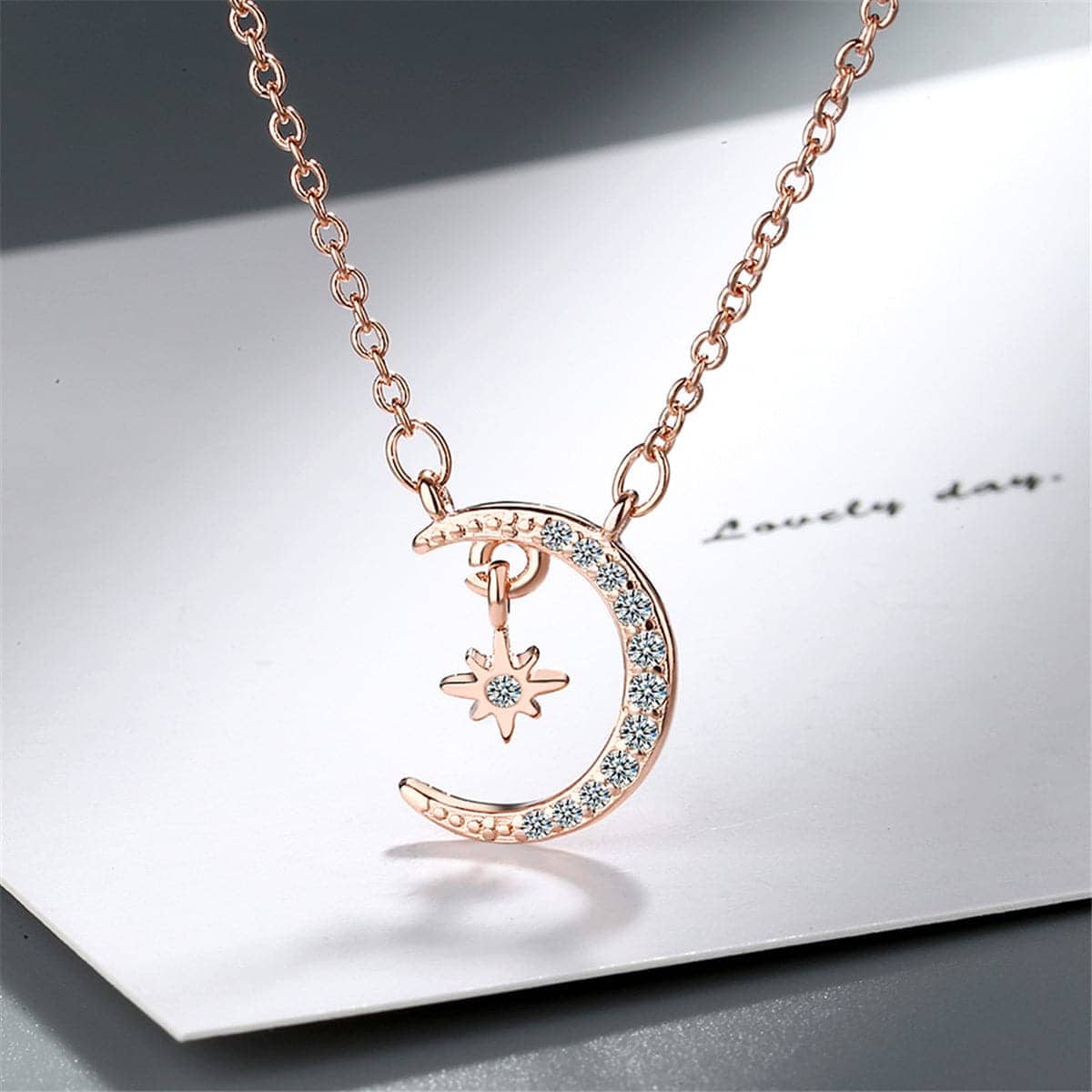 Cubic Zirconia & Rose Goldtone Moon & Star Pendant Necklace