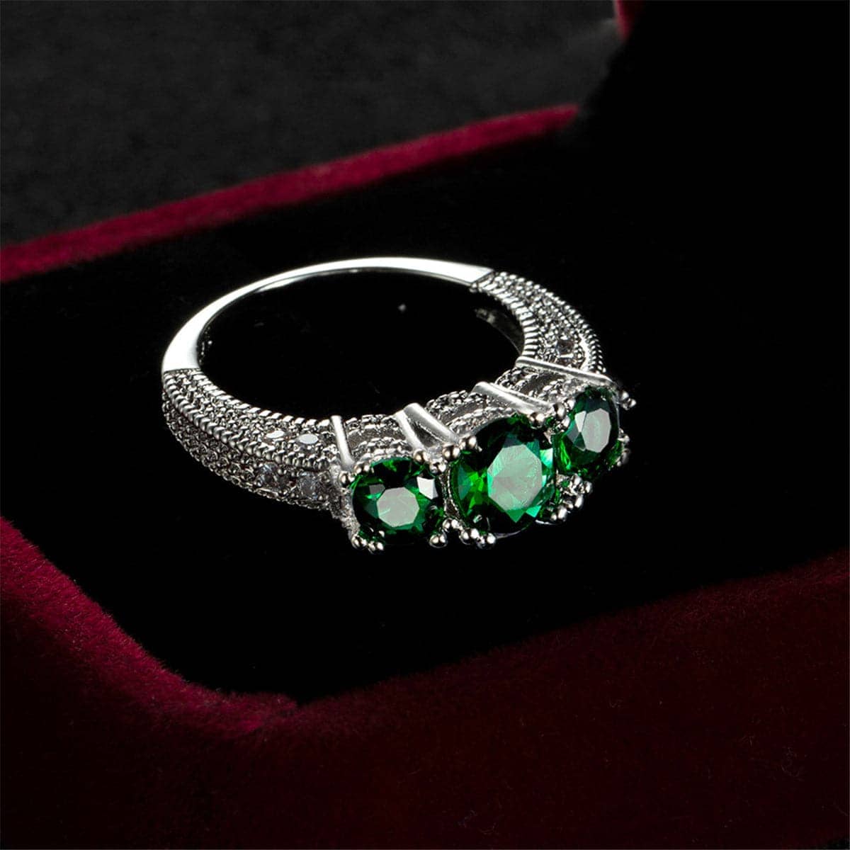 Green Crystal & Silvertone Triple-Head Ring