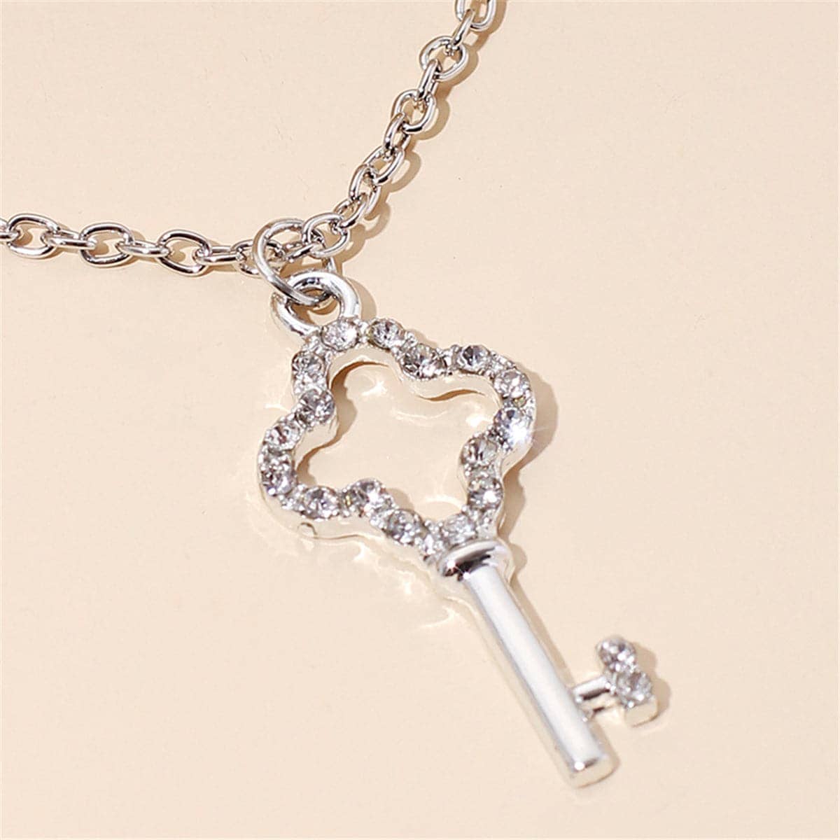Pearl & Cubic Zirconia Silvertone Layered Key Pendant Necklace