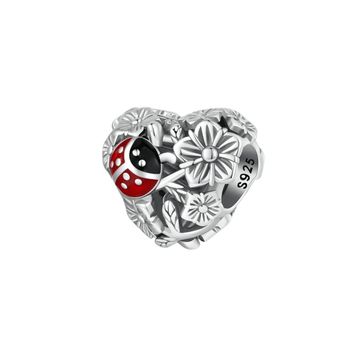 Ag Sterling - Red & Sterling Silver Heart Ladybug & Leaves Charm