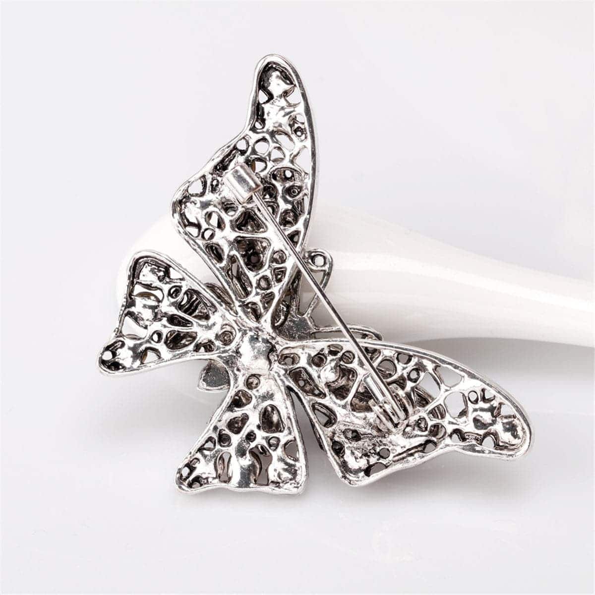 Pink Cubic Zirconia & Silvertone Butterfly Brooch
