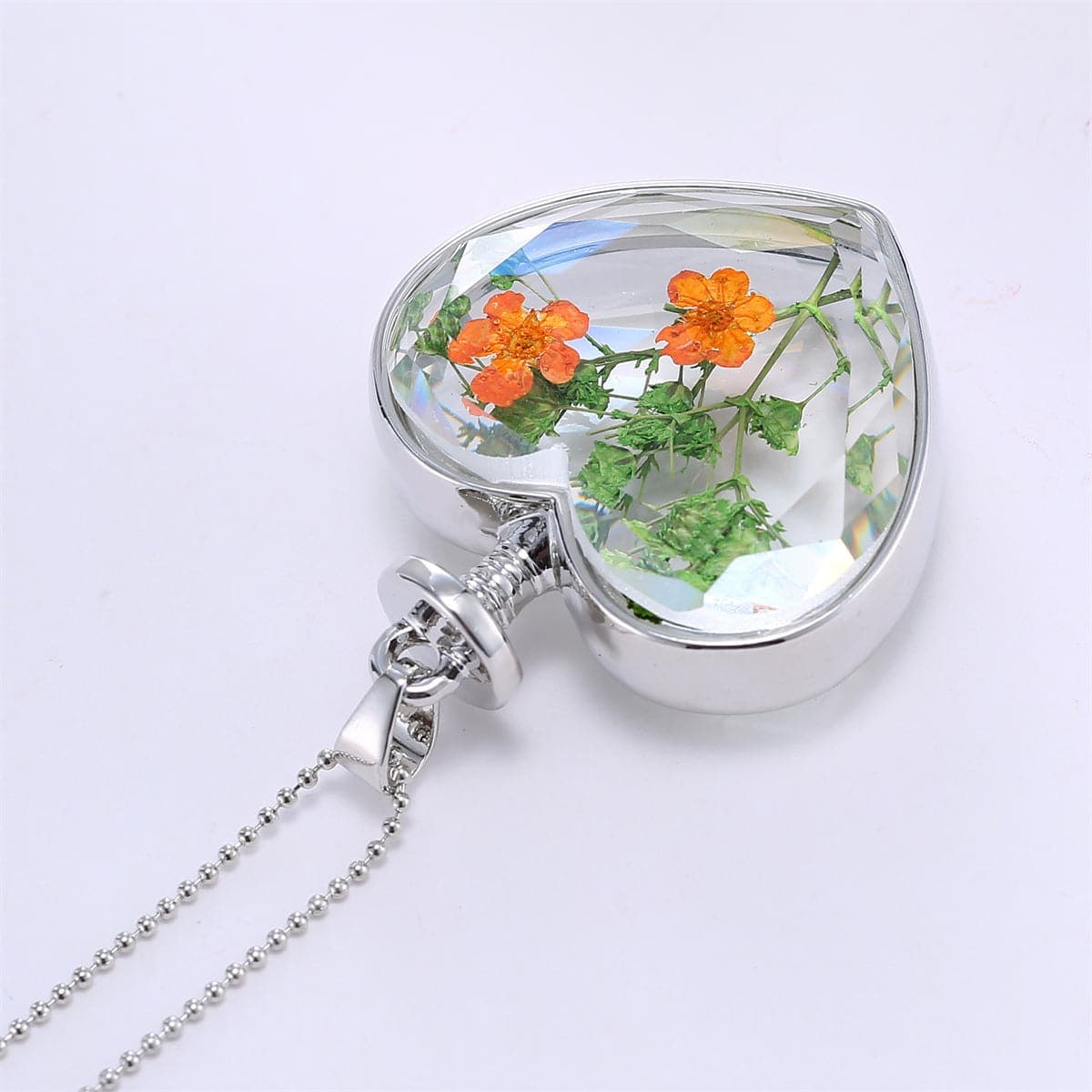 Pressed Peach Blossom & Silvertone Heart Pendant Necklace