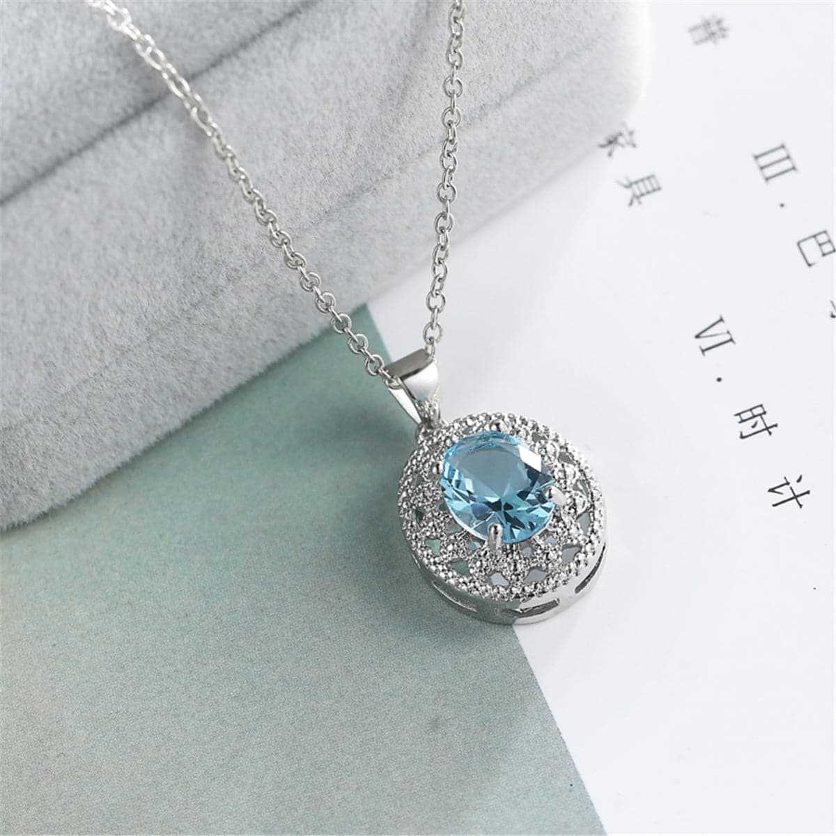 Sea Blue Crystal & Silvertone Oval Pendant Necklace