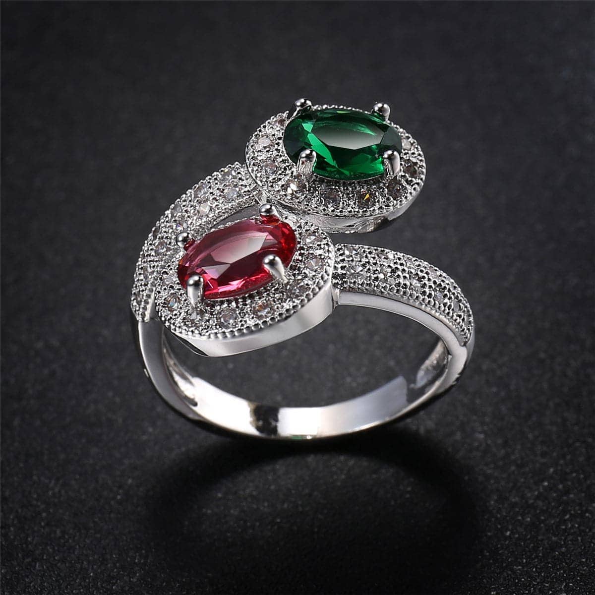 Green Pink Cubic Zirconia & Crystal Botany Bypass Ring