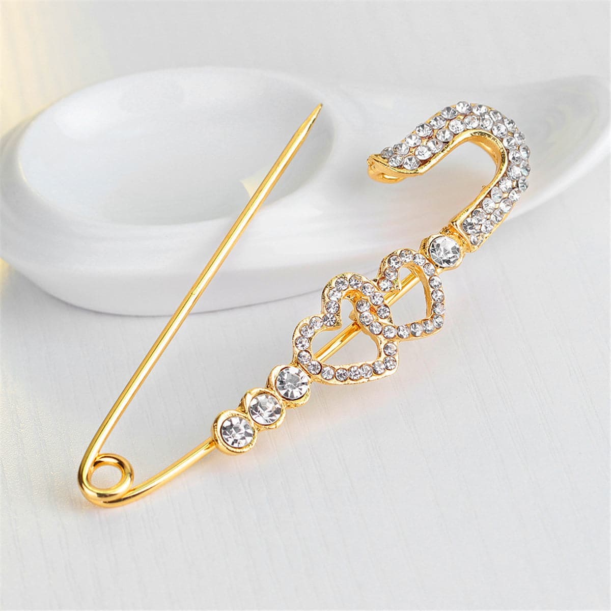Cubic Zirconia & Goldtone Open Heart Pin Brooch