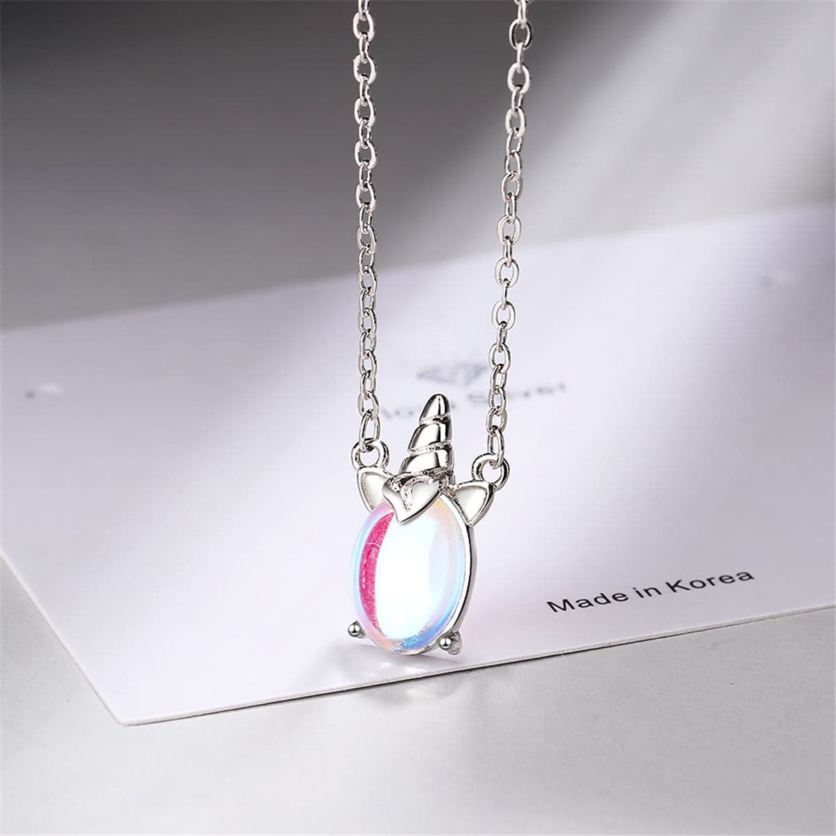 Moonstone & Enamel Silvertone Rainbow Unicorn Pendant Necklace