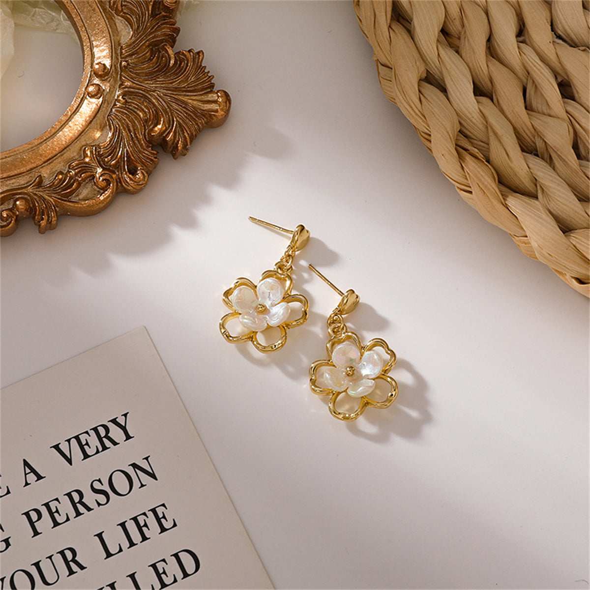 White Acrylic & Goldtone Floral Heart Drop Earrings