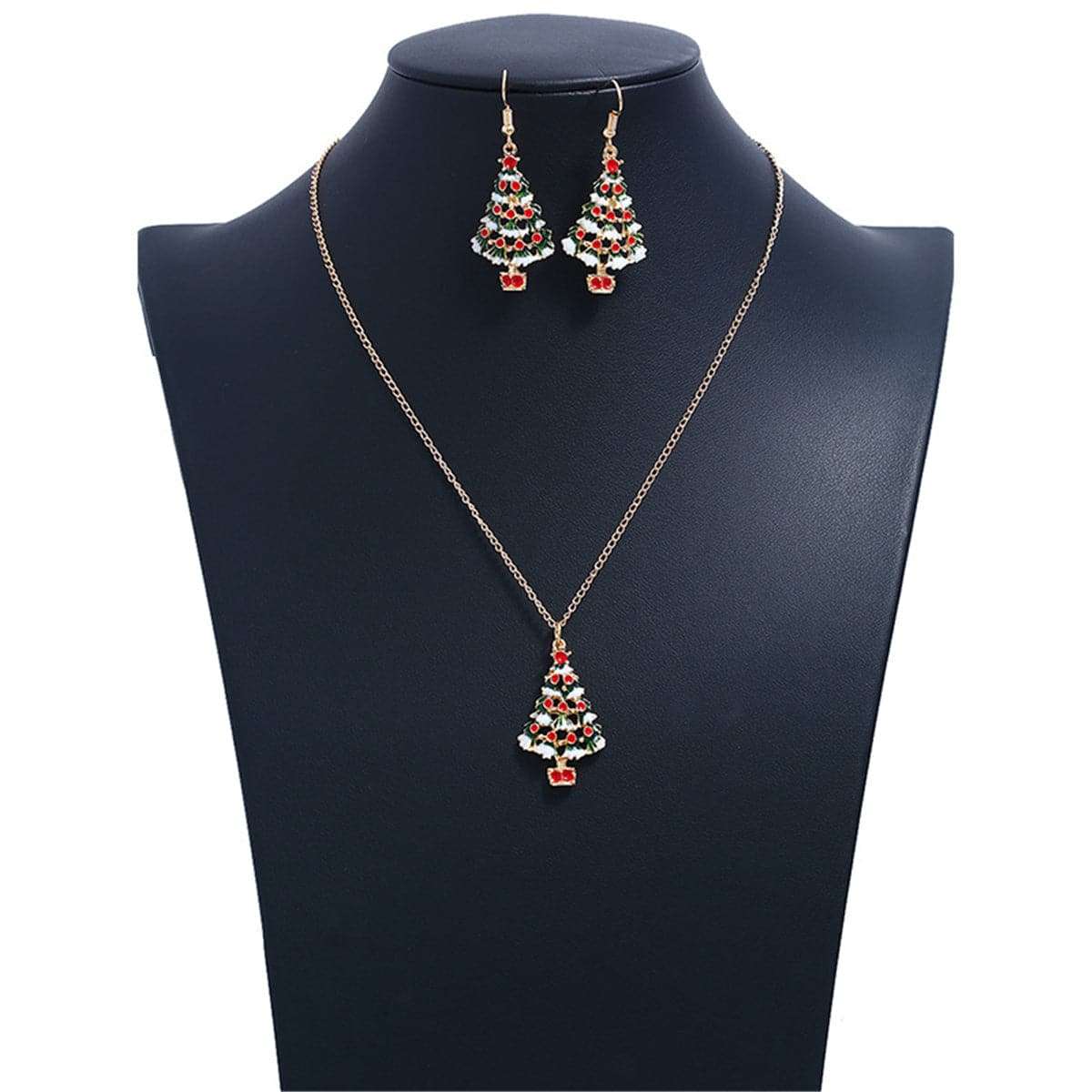 Red & Goldtone Openwork Christmas Tree Necklace & Earrings