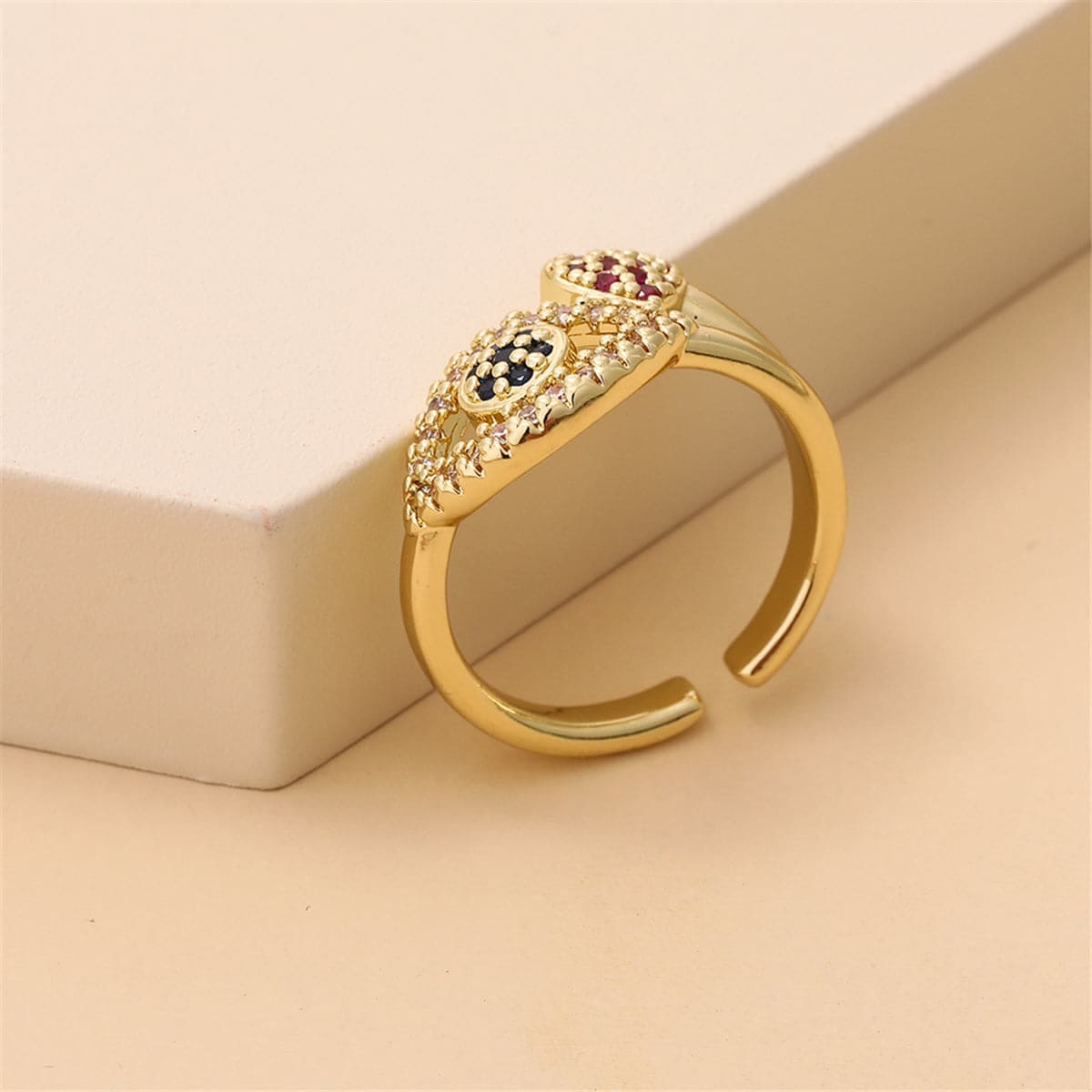 Red Cubic Zirconia & Goldtone Heart Eye Open Ring