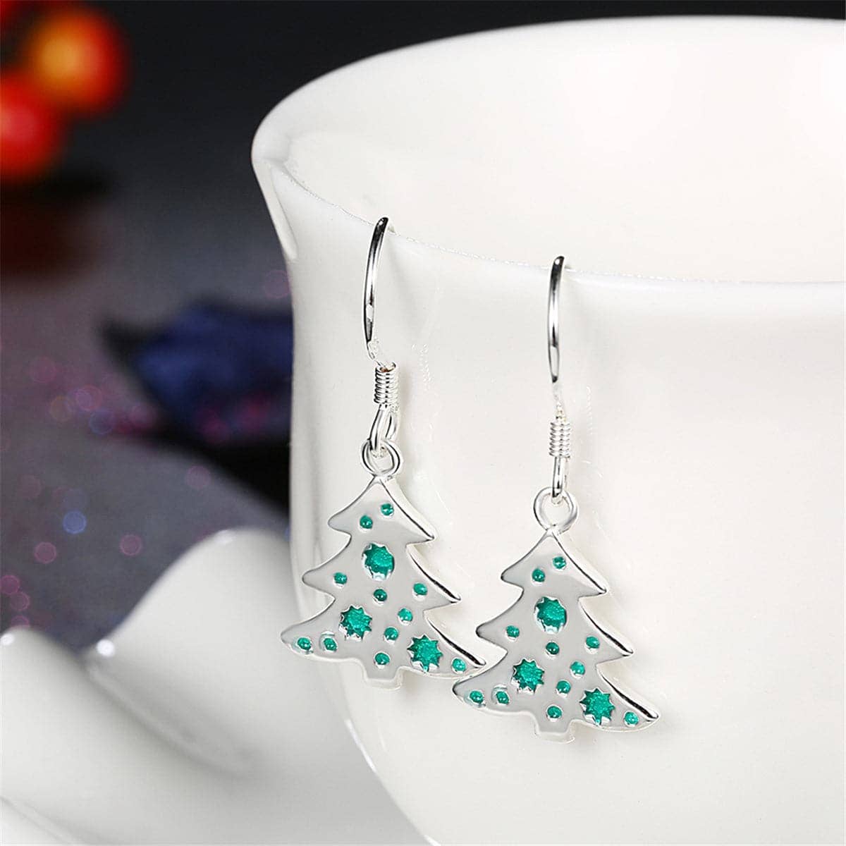 Green Enamel & Silvertone Tree Drop Earrings