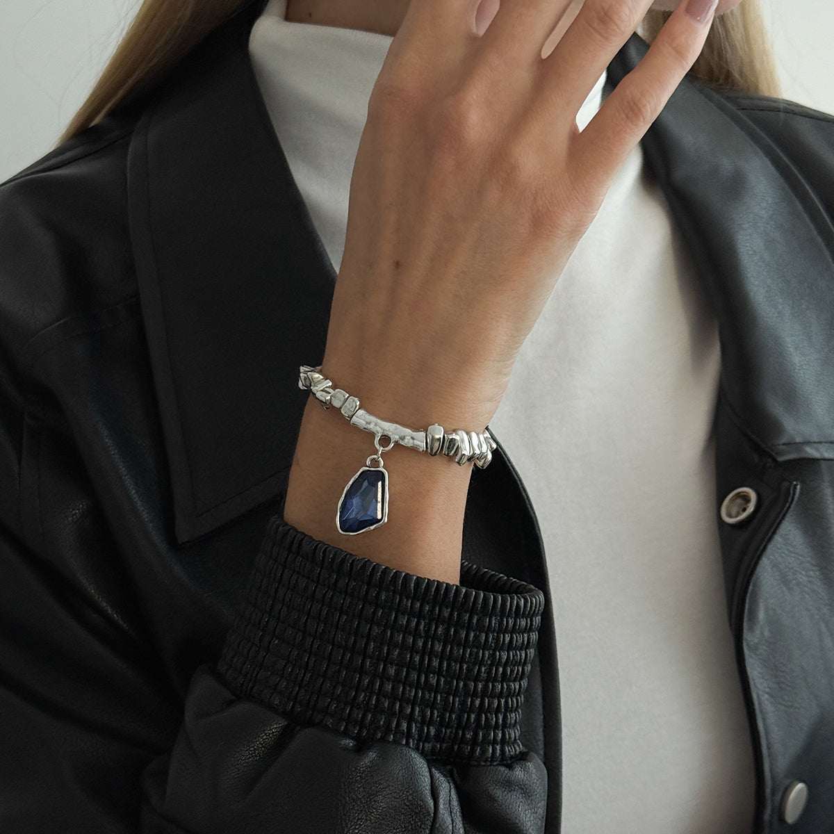 Teal Crystal & Silvertone Beads Irregular Charm Stretch Bracelet