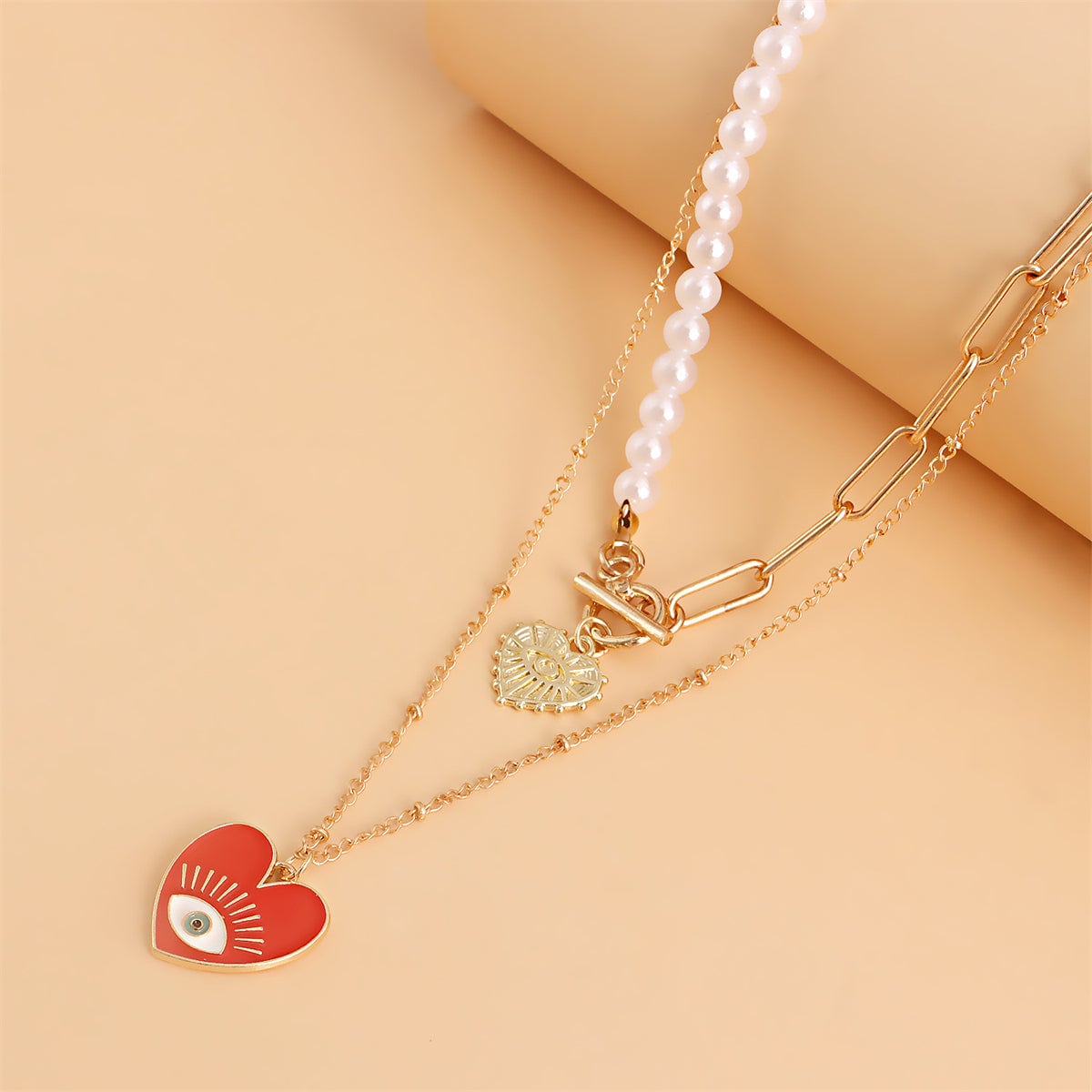 Red Enamel & Pearl Evil Eye Heart Pendant Necklace Set