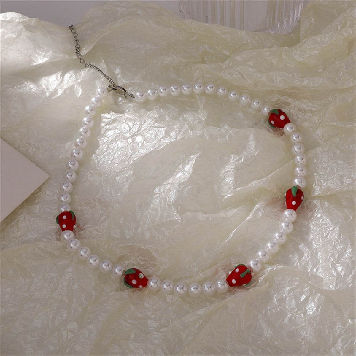Pearl & Resin Silvertone Strawberry Station Necklace
