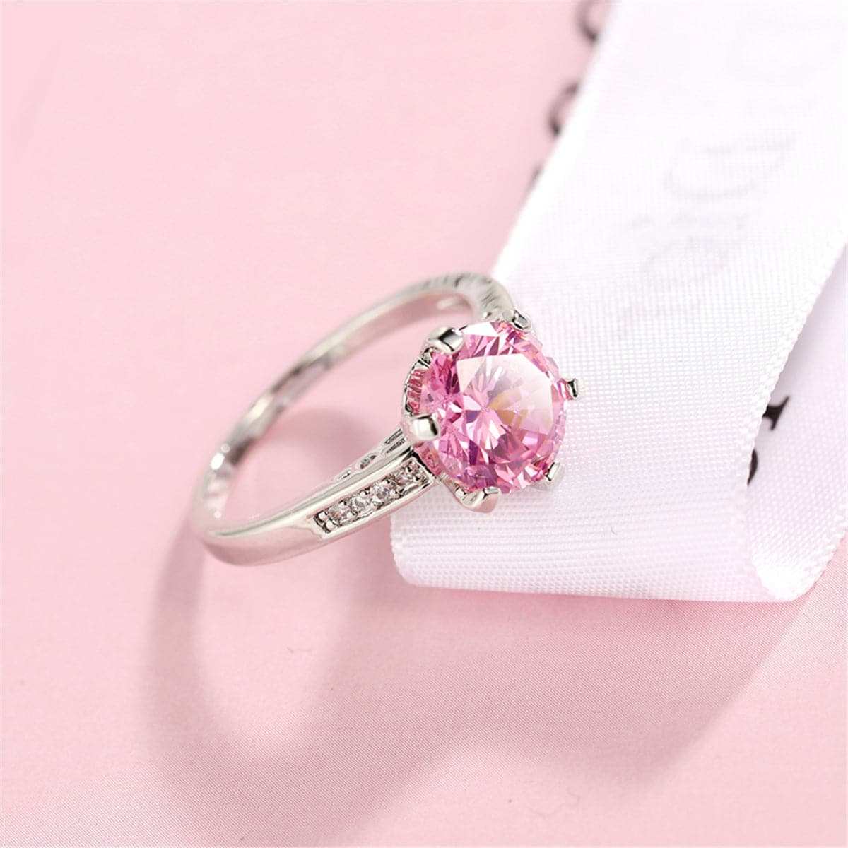 Pink Cubic Zirconia & Crystal Prong Round Ring