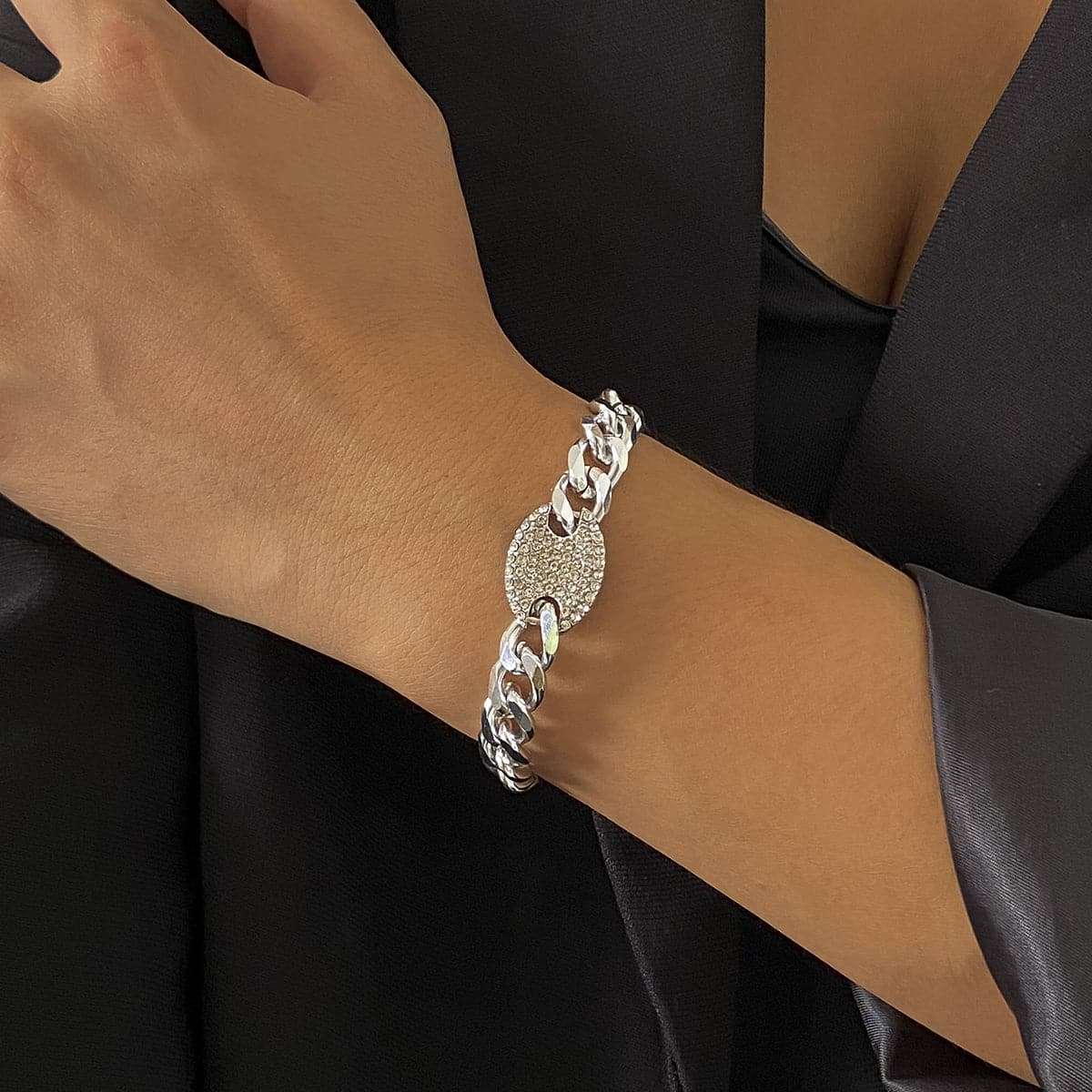 Cubic Zirconia & Silvertone Curb Chain Oval Bracelet