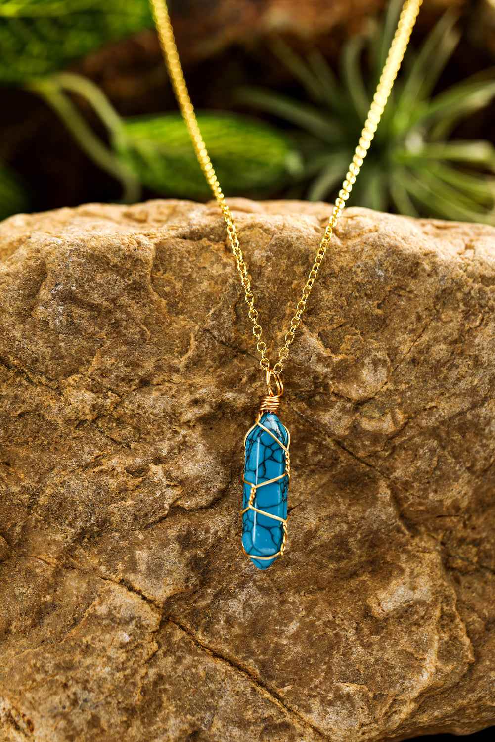 Blue Gold Wire Wrapped Turquoise Pendant Necklace - Blue / ONE SIZE