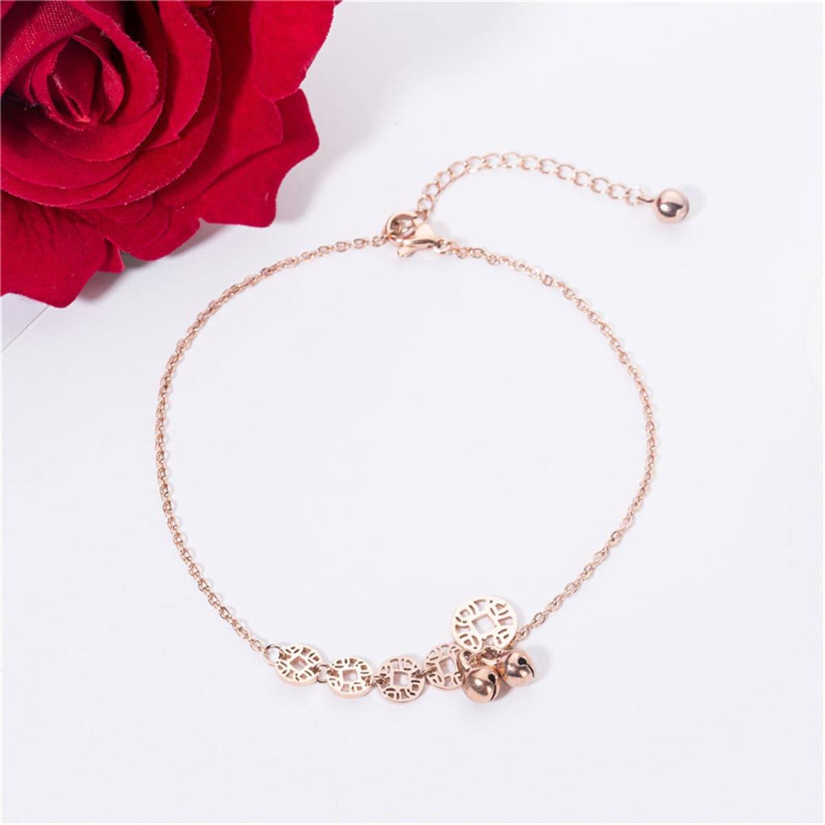 Rose Goldtone Coin & Bell Charm Anklet