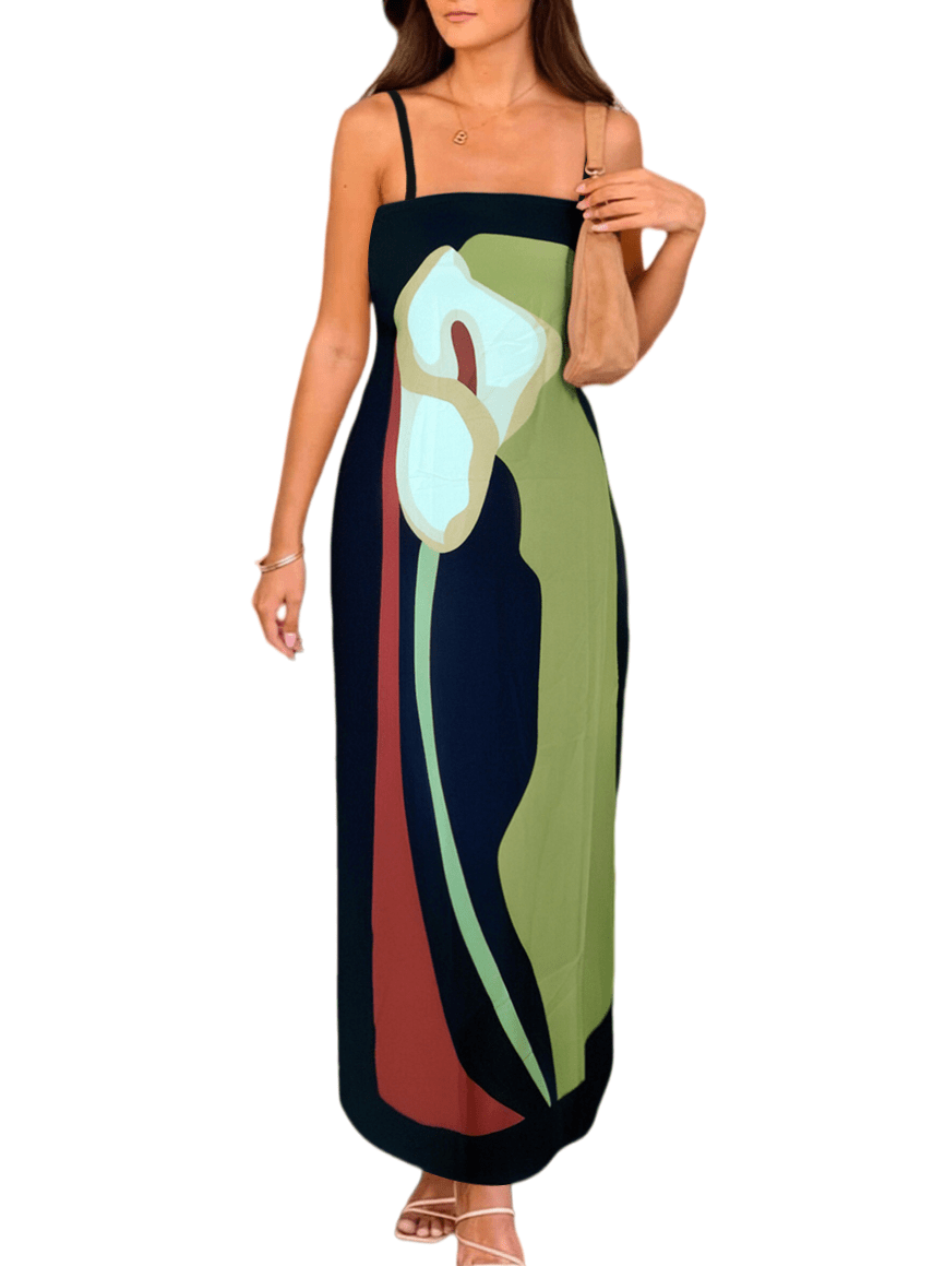 Chic YC Women's Abstract Floral Print Spaghetti Strap Maxi Dress Summer Elegant Evening Dress Green / Medium