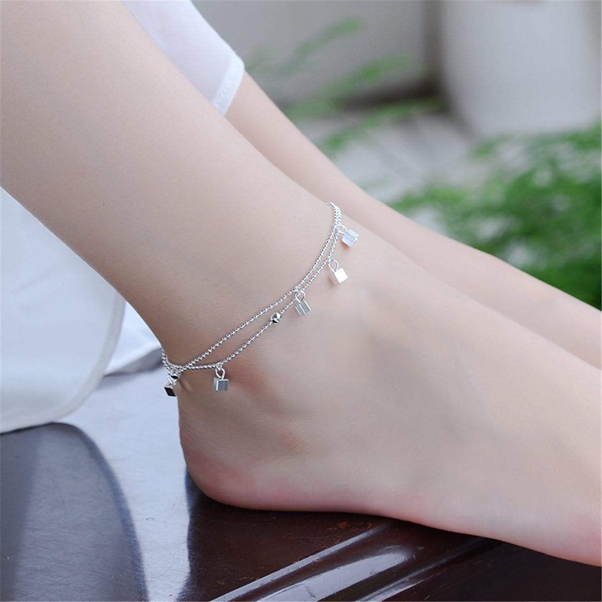 Silvertone Cube & Bead Double-Strand Anklet