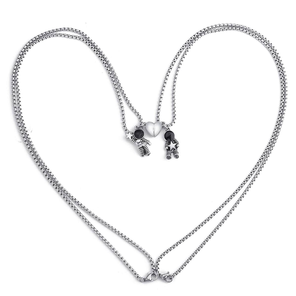 Black Enamel & Silvertone Heart Astronaut Pendant Necklace Set