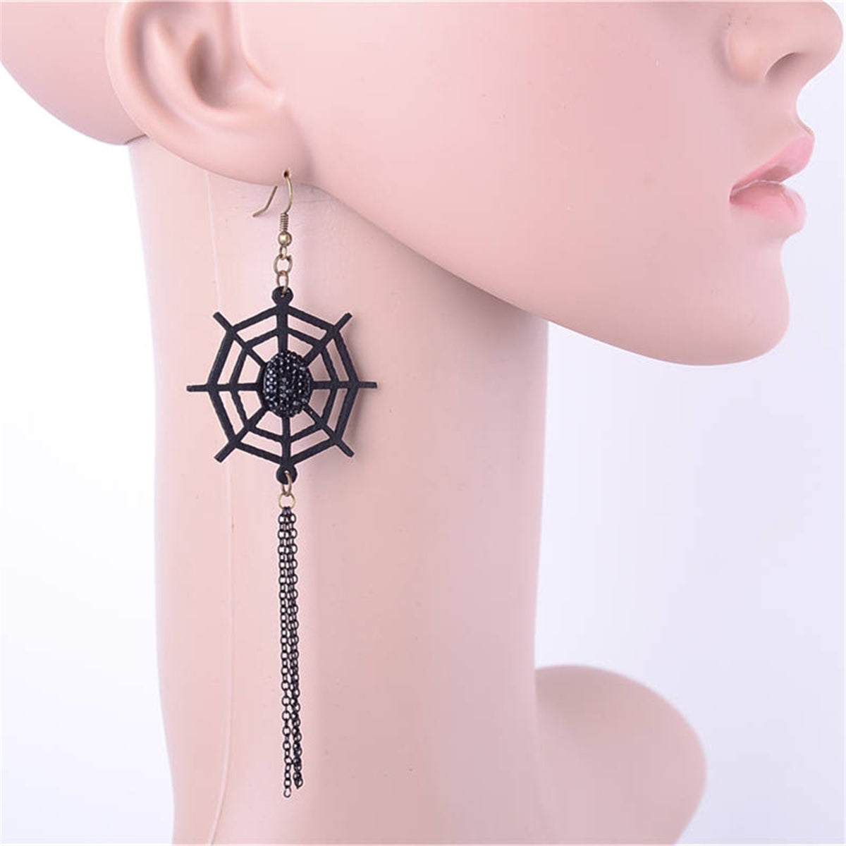 Black Spider Web Tassel Drop Earrings