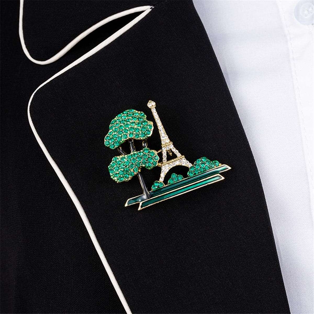 Green Cubic Zirconia & Goldtone Eiffel Tower Brooch