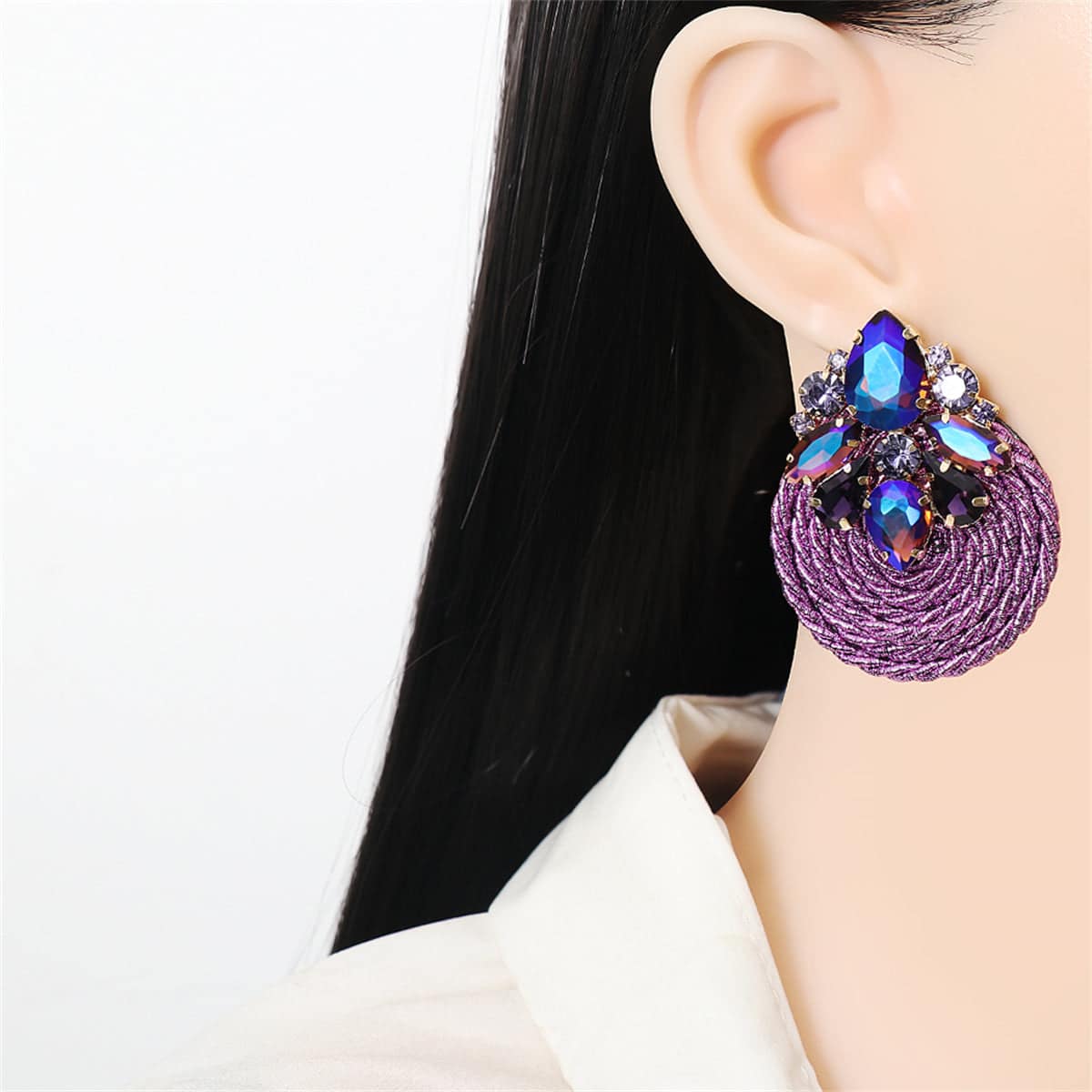 Purple & Blue Crystal Round Rope Drop Earrings