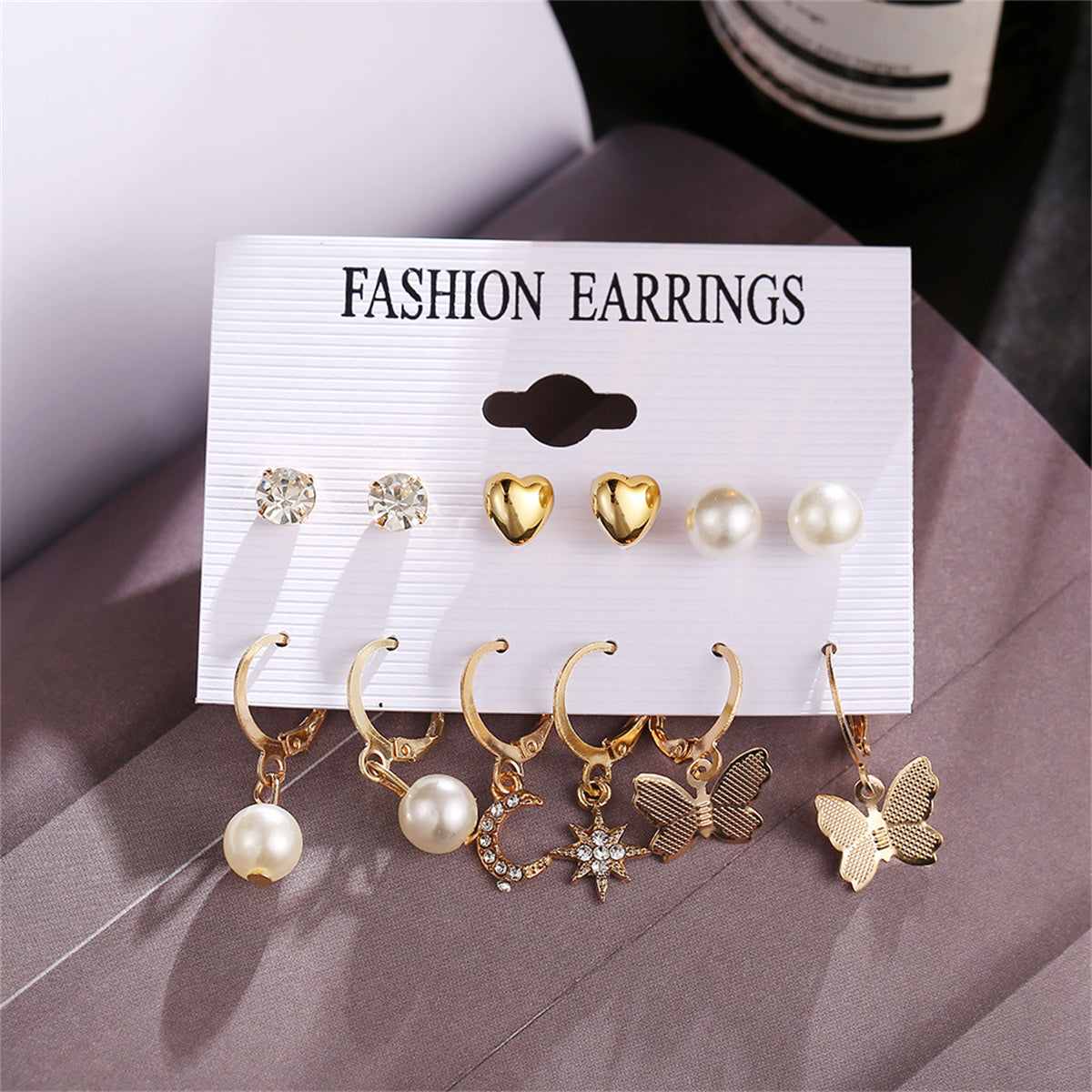 Pearl & Cubic Zirconia Goldtone Celestial Butterfly Earrings Set