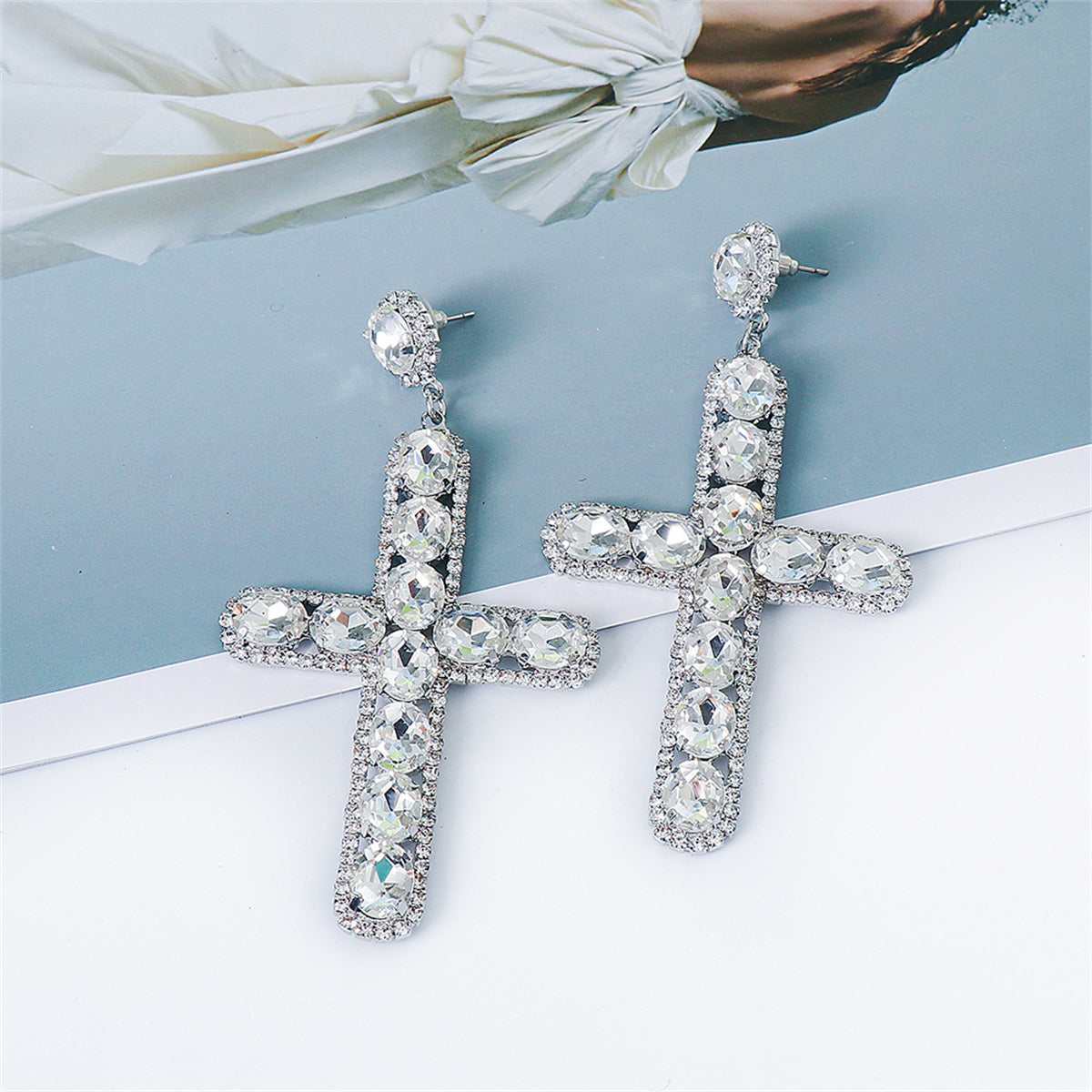 Crystal & Cubic Zirconia Silvertone Cross Drop Earrings