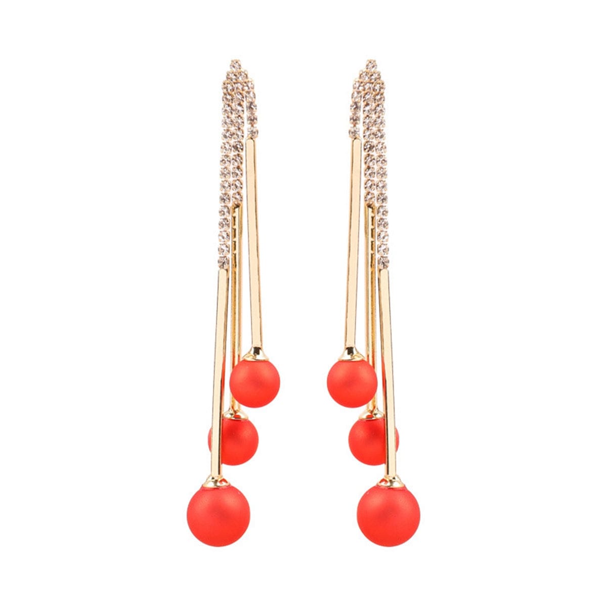 Red Resin & Cubic Zirconia Ball Tassel Drop Earrings
