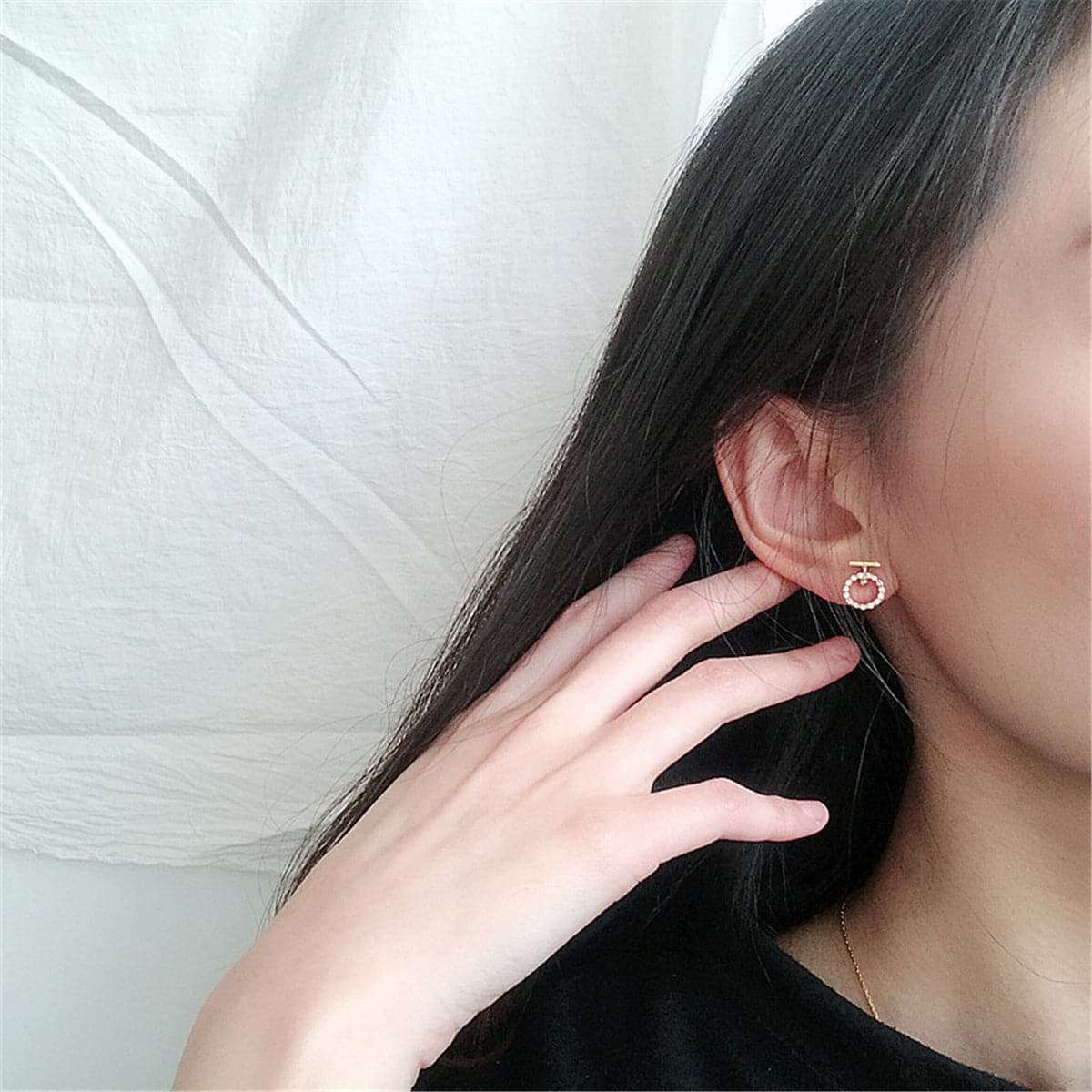 Cubic Zirconia & Goldtone Hollow Circle Stud Earrings