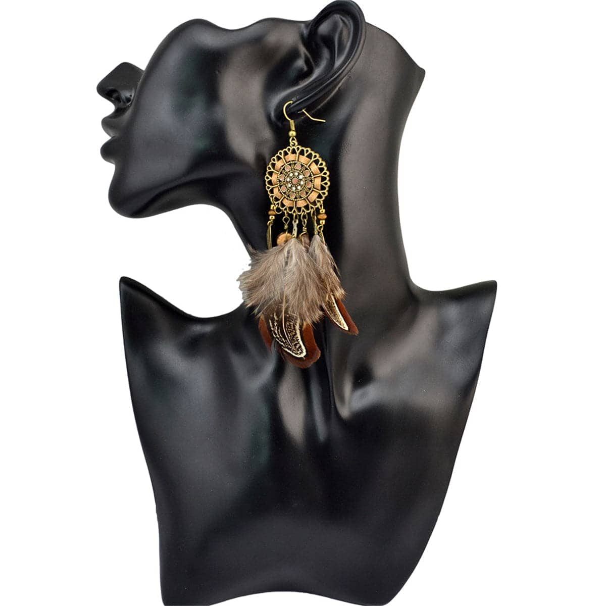 Brown Feather & Goldtone Drop Earring
