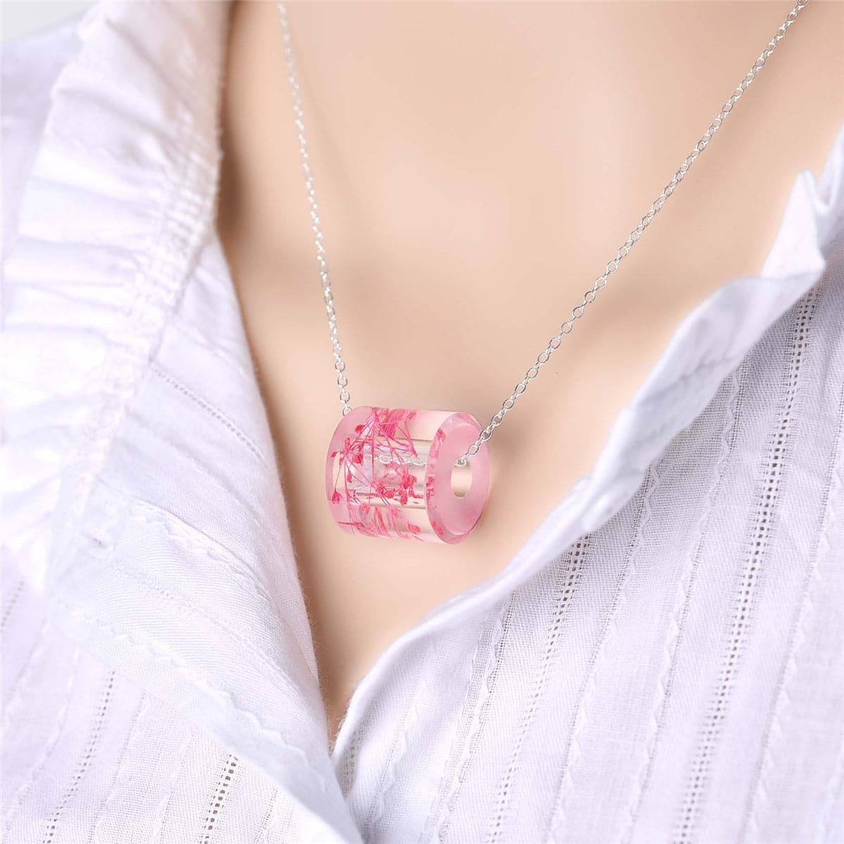 Pink Dried Flower & Silvertone Cylinder Pendant Necklace